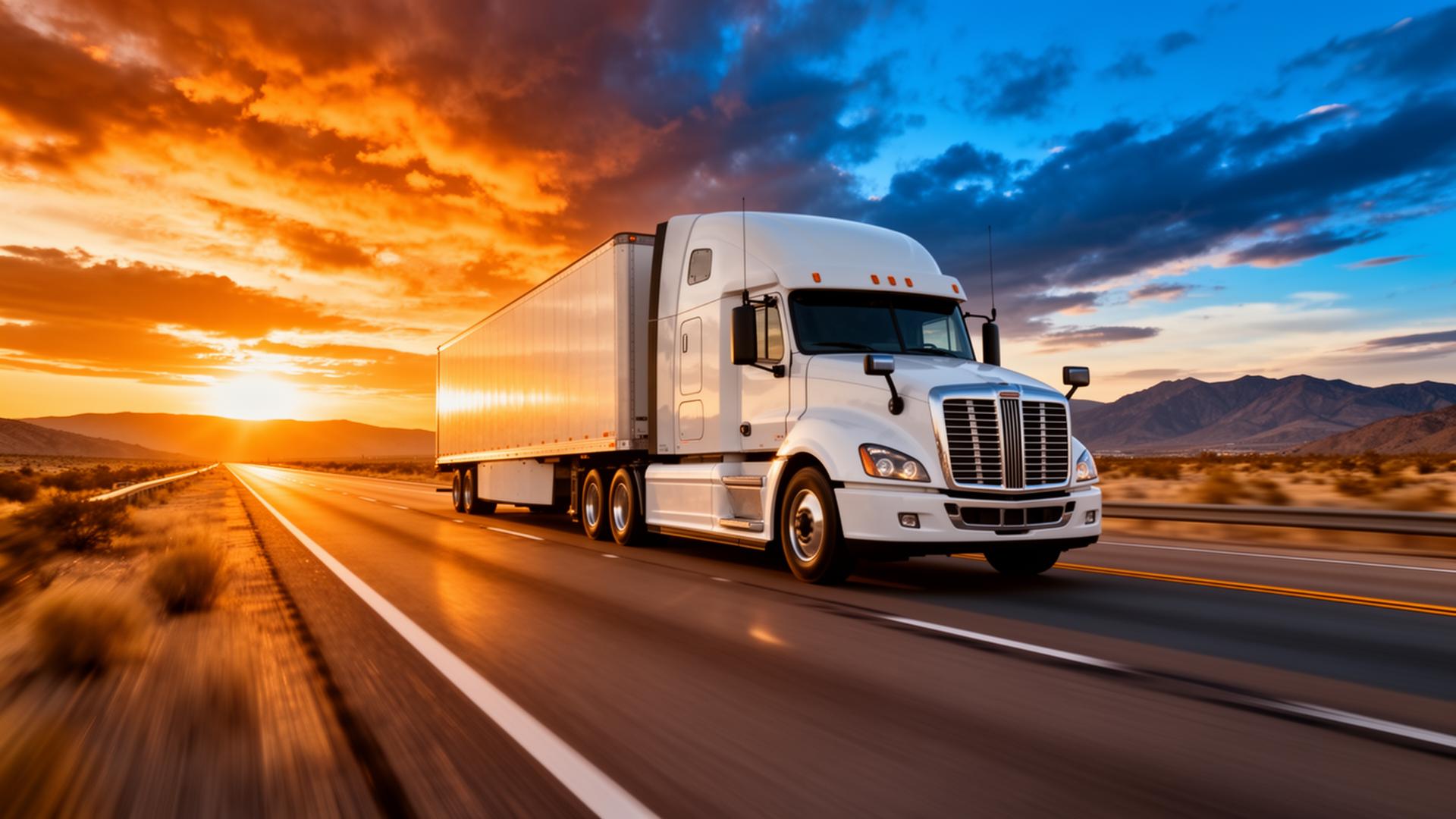 White semi-truck driving across an American interstate at sunset
